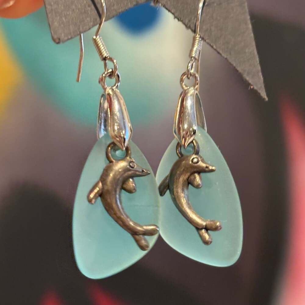 Aqua Blue Sea Glass Dolphin Dangle Earrings with Silver-Tone Charms